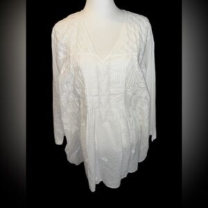 SEVYA white Hand Embroidered Tunic dress top  vneck long sleeve Pullover Sz XL